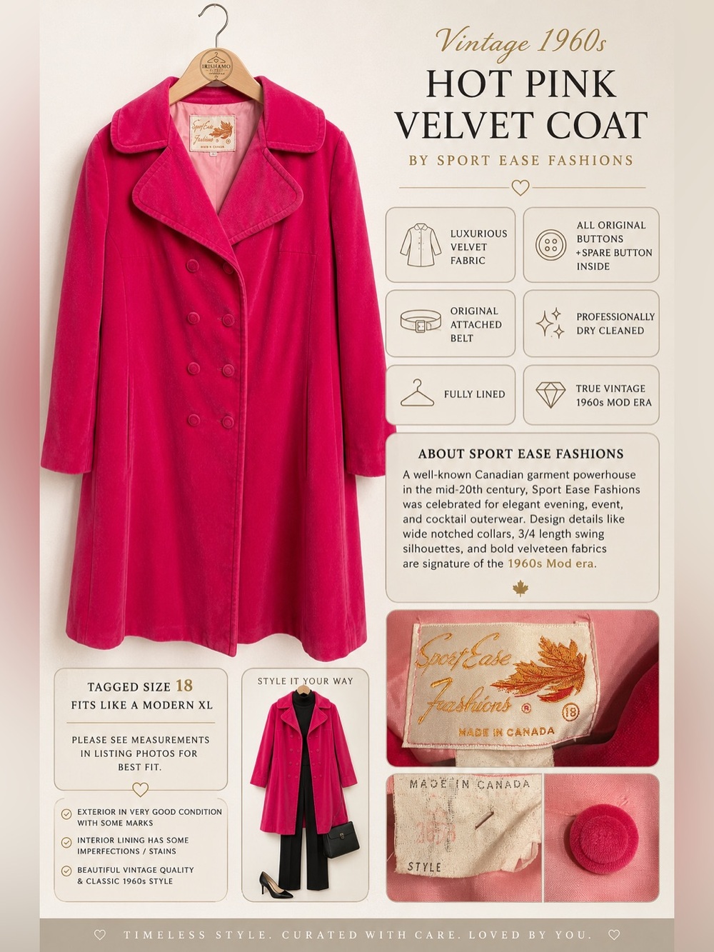 Vintage 1960s Hot Pink Velvet Mod Swing Coat Sport Ease Fashions Made in Canada